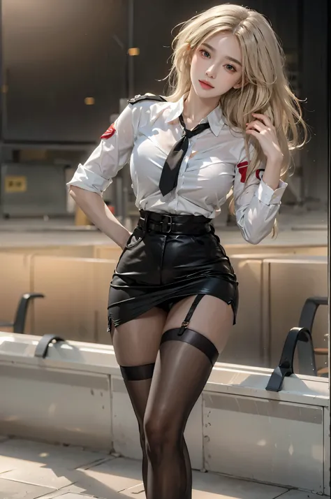 realistic, High resolution, soft light,1 female, alone, hip up, glowing skin, (detailed face),tattoo, jewelry, secretary clothes, white shirt, black skirt, black stockings, garter belt, night, blonde hair, wavy hair, Beautiful Soldier, Eyes that invite the...