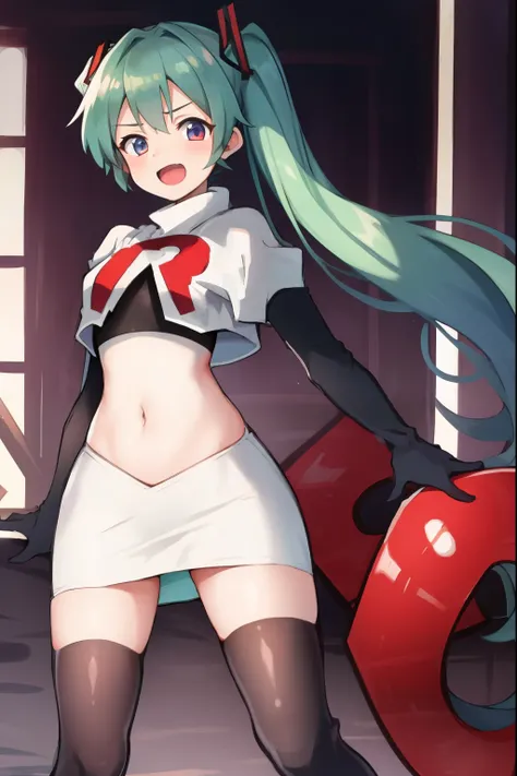 absurdres,masterpiece, best quality, highres, high quality, 1girl, Hatsume miku,team rocket,team rocket uniform,white skirt,red letter R,crop top,black thigh-highs,black elbow gloves,