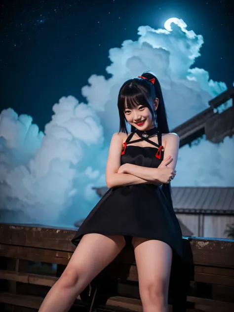 masterpiece, highest quality, be familiar with, 1 girl, alone, night sky, outdoor, full moon, performer, cloud, night,,  dark sakura, (black dress), long hair, evil smile, red ribbon, striped, thighs