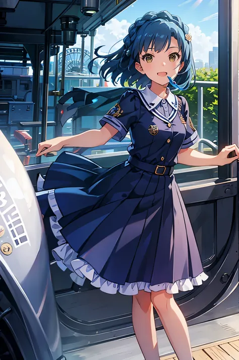 yuriko nanao (million live), 1 girl, Solo, Cute Girl, Best Quality, Ultra-detailed, 8K, High resolution, Detailed face, (Cinematic Angle), Bob Hair, smile, have fun, ;d, ((blue sweater, Argyle sweater, short sleeves))), gray skirt, pleated skirt, black soc...