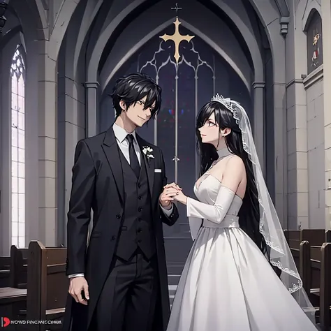 a man in a black suit holding the hand of a woman (eye red), in a white wedding outfit in a church, smiling, perfect features pe...