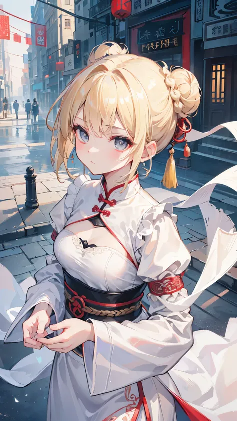 (8K、Highest image quality、highest quality、masterpiece)、detailed face、1 girl、blonde、short hair、hair bun、gray eyes、chinese earrings、expression、Moderate chest、white chinese clothes、long sleeve、side slit、cowboy shot、Chinese cityscape background