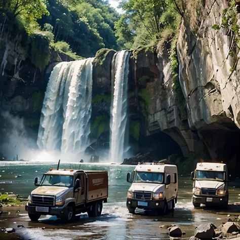 A fleet of trucks driving up a waterfall outside a fairytale kingdom