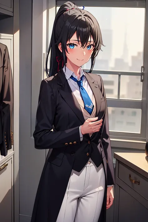 ((best quality)), ((masterpiece)), (detailed) 1girl 1girl, ;), blurry, blurry_background, breasts, , hair_ponytail ribbon, looking_at_viewer, ok_sign, one_eye_closed, open_hand, Yukinoshita Yukino ,Woman wearing formal clothes, An attractive coat stands in...