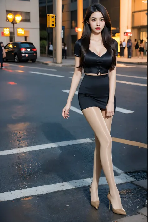 best quality, full body portrait, delicate face, pretty face, 16-year-old woman, slim figure, big bust, Wearing navel-baring short sleeves，Wearing a fishtail skirt，High heel，wavy long hair，On the streets at night，big eyes，red lips，Heavy makeup，skin tone，cl...