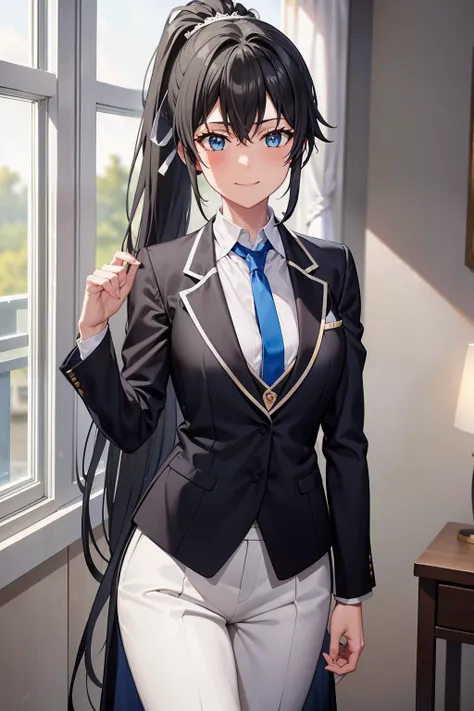 ((best quality)), ((masterpiece)), (detailed) 1girl 1girl, ;), blurry, blurry_background, breasts, , hair_ponytail ribbon, looking_at_viewer, ok_sign, one_eye_closed, open_hand, Yukinoshita Yukino ,Woman wearing formal clothes, An attractive coat stands in...
