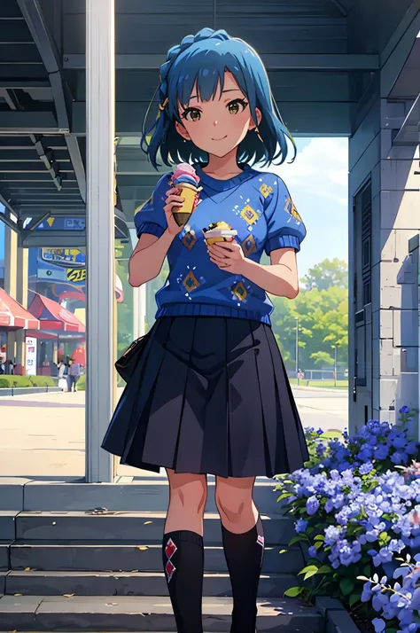 yuriko nanao (million live), 1 girl, Solo, Cute Girl, Best Quality, Ultra-detailed, 8K, High resolution, Detailed face, Bob Hair, smile, have fun, eating a ice cream, ((blue sweater, Argyle sweater, short sleeves))), gray skirt, pleated skirt, black socks,...