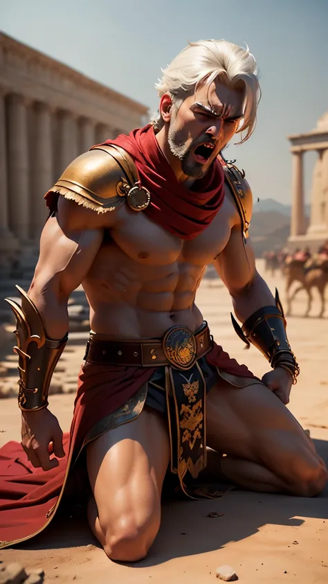 (Professional 3D rendering:1.3) de (Realistic:1.3), king of persia, 20 years old, Handsome, angry, white haired, Wearing no tops, (background: 480 BC Soldiers wearing Persian armor lying down:1.1) , muscular, white haired,  very angry, angry expression, sh...