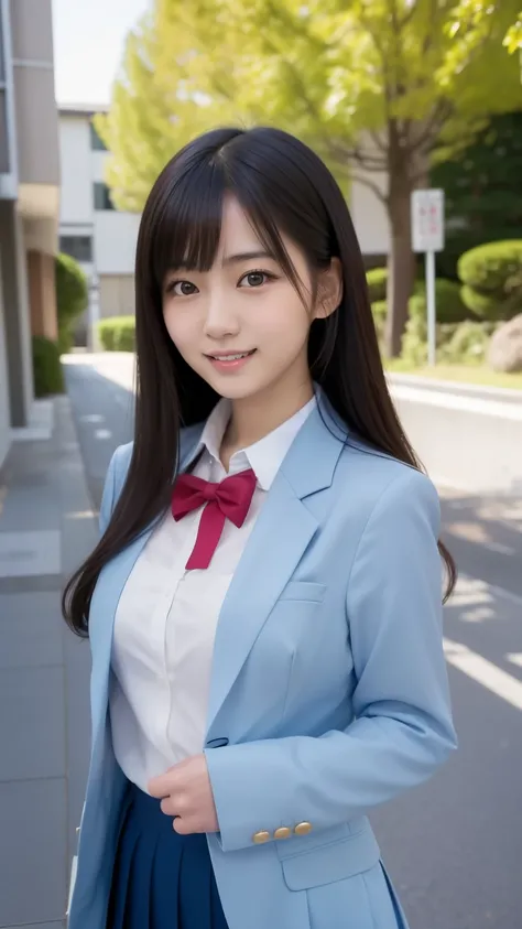 (8K, Super high resolution, highest quality, table top:1.2)、(natural skin texture、fine skin、hyper realism、Super sharpness)、intricate details、Depth of bounds written、japanese idol 、Uniform blazer girl for photo, Two beautiful japanese girl、 16 years、Walking...