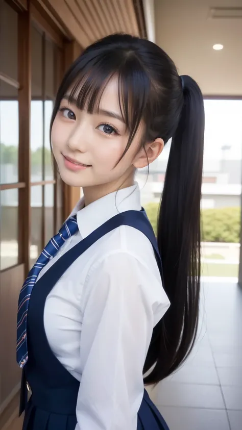 (8K, Super high resolution, highest quality, table top:1.2)、(natural skin texture、fine skin、hyper realism、Super sharpness)、intricate details、Depth of bounds written、japanese idol 、Girl in navy blue uniform blazer for photo,striped tie、 Two beautiful japane...