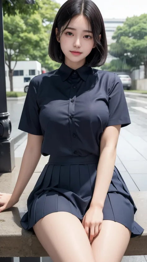 Photo Real、photoRealstic　Dark hair、Short hair、wetting hair　with round face、drooing eyes、hi-school girl、japanes、sixteen years old、Beautiful skin　white shirt、Unbuttoned shirt、Navy blue skirt、very very short skirt　large full breasts、clit、vaginal、Female genita...