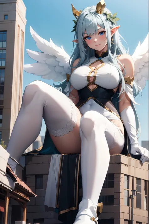 giant girl 50,000 feet high，Weight 1000kg，Has a pair of long legs，Open your eyes wide，Has a pair of huge white angel wings，With huge devil horns on his head，crown on head，Elf wearing white earrings，She has long white hair that reaches her feet，loose hair，W...