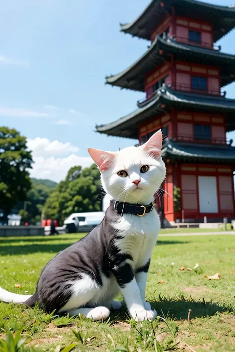 Dumb cute的小Cat，穿着sportswear，cute，Dumb cute，Exquisite，on a grassy field，小Cat咪，Cat，sportswear，The background is a pagoda