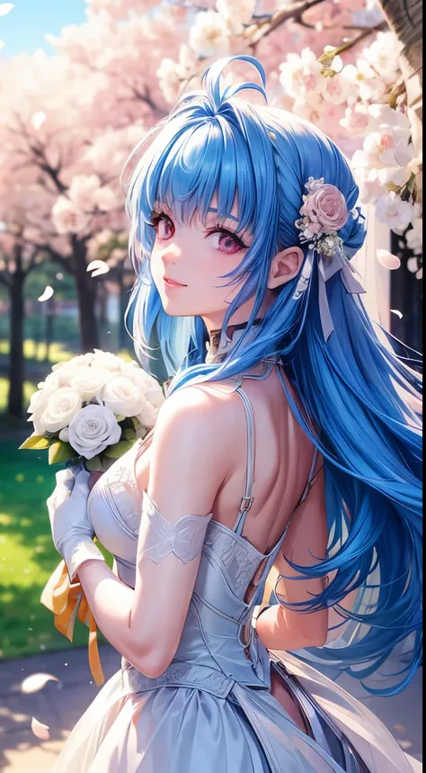 1 girl, 28 years old, bright blue hair, red eyes with Heart shaped pupils,, small breasts, master-piece, best quality, proportional body, proportional, Wedding Dresses, White Wedding Dress, Long skirt, wedding, Under the cherry blossom tree background, Che...