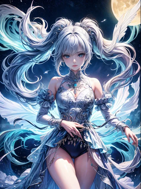 official art, Unity 8k wallpaper, ultra-detailed, beautiful and visually appealing, masterpiece, best quality, serene moon princess, (2 elegant and intricate hairstyles, one being Odango and the other featuring two long pigtails), crescent moon, dynamic an...