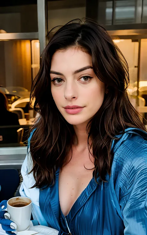 Beautiful brunette Anne Hathaway wearing a blue jacket, blue bag