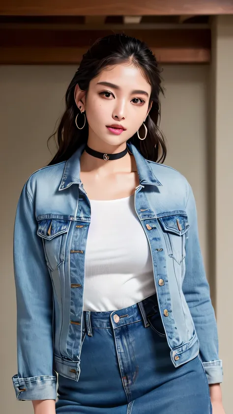 Denim Jacket, Draped skirt, Plain shirt, (top-quality、8K、32K、​masterpiece、nffsw:1.3), (Extremely beautiful face, Beautiful lips), (Photorealsitic:1.4), (The ultra -The high-definition), (Ultra-realistic 8kCG), Raw photography, A smile, large breast, Earrin...