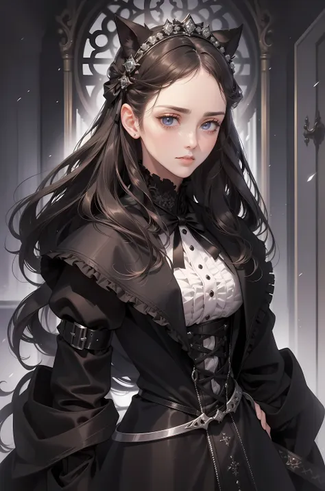 (absurd, high resolution, super detailed), 1 girl, black eyes, brown hair, scholarly temperament, all black formal wear, victori...