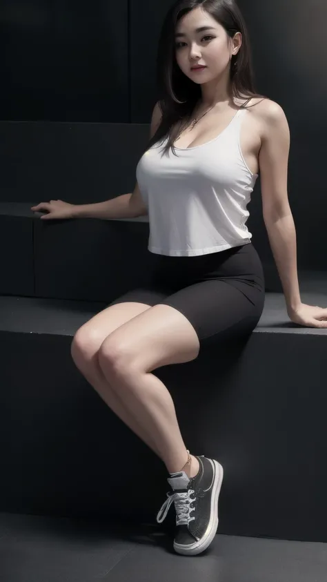 ((best quality)), ((masterpiece)), (detailed), perfect face, chubby girl, pipi chubby, chubby arm, thight skirt , tight clothes, mature woman, chubby thighs, full bidy view, sneakers, dark clothes, super ultra high resolution, perfect portrait, big thighs,...