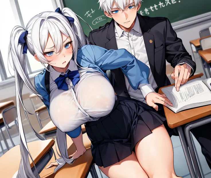 An embarassed white twintail girl with big breasts and thighs studying with a white hair boy and blue eyes in the classroom, sfw, proper uniform, skirt, groping 