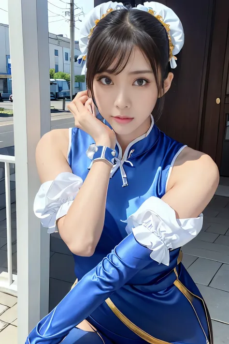 Live-action version of Chun-Li from Street Fighter，RAW photo,,(Blue china clothes、Ｃcup breast)、(Looks like a super realistic photo)、portrait、perfect angle、(professional quality、High resolution)、perfect contrast、perfect lighting、perfect composition、perfect ...