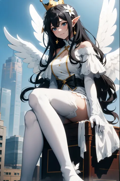 giant girl 50,000 feet high，Weight 1000kg，Have a pair of long legs，Keep your eyes open，Has a pair of huge white angel wings，With huge devil horns on his head，wear a crown on your head，Elf wearing white earrings，She has long black hair that reaches her feet...