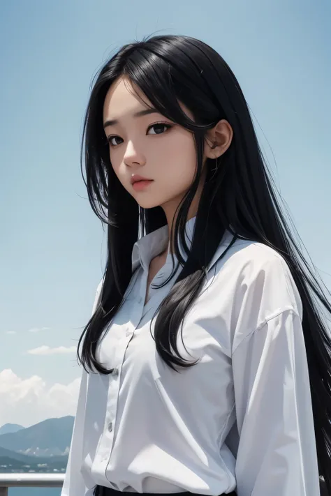 black long hair girl wearing white shirt and sky background