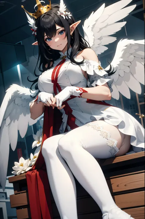 giant girl 50,000 feet high，Weight 1000kg，Have a pair of long legs，Keep your eyes open，Has a pair of huge white angel wings，With huge devil horns on his head，wear a crown on your head，Elf wearing white earrings，She has long black hair that reaches her feet...