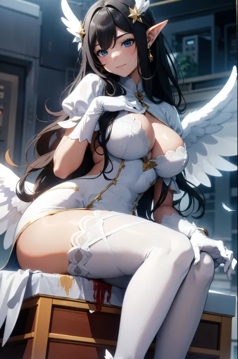 giant girl 50,000 feet high，Weight 1000kg，Have a pair of long legs，Keep your eyes open，Has a pair of huge white angel wings，With huge devil horns on his head，wear a crown on your head，Elf wearing white earrings，She has long black hair that reaches her feet...