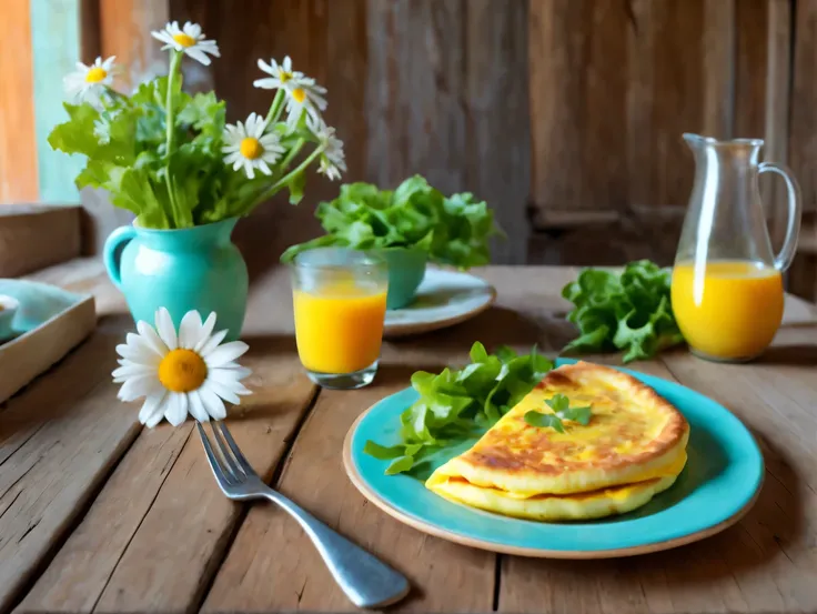 (professional photography:1,6), rough wooden table in a wooden house, on the table there is a beautiful clay plate with breakfast, omelette on a plate surrounded by chopped vegetables and lettuce, next to it is a beautiful painted vase with a bouquet of da...