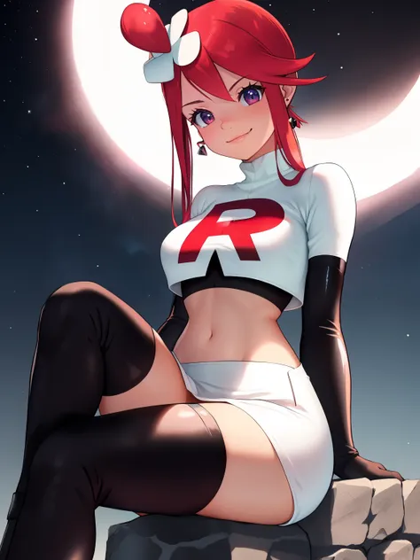 skyla,glossy lips, earings ,team rocket uniform, red letter r, white skirt,white crop top,black thigh-high boots, black elbow gl...