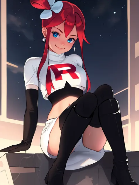 
skyla,glossy lips, earings ,team rocket uniform, red letter R, white skirt,white crop top,black thigh-high boots, black elbow gloves, closed mouth, evil smile, looking down on viewer, sitting down ,legs crossed, night sky background