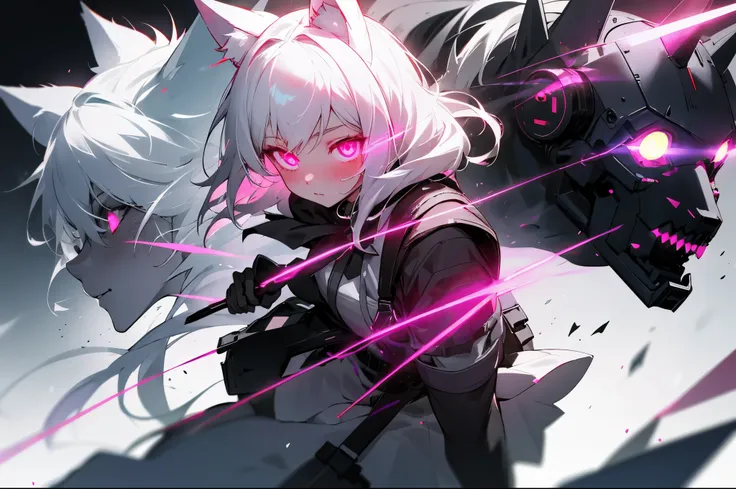 girl，white hair，little wolf ears，blush，pink eyes，glowing eyes，glowing eyes，glowing eyes，white skirt，black harness，black tie，mechanical，sense of the future，，Tyndall effect，poster