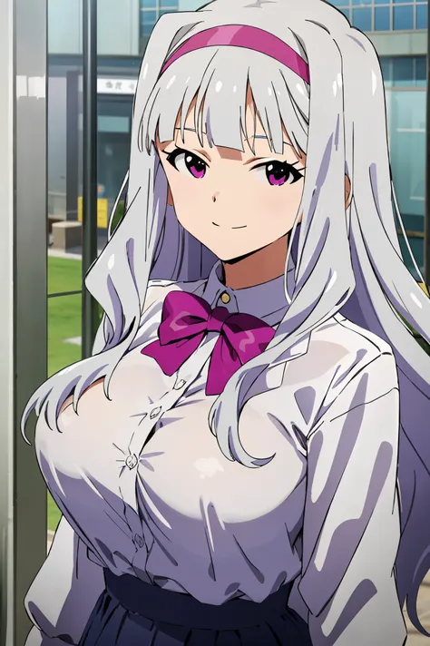 (((pixel-perfect, detail-perfect))), solo, 1girl, takane shijou, purple hairband, big boobs, shirt, bow, looking at viewer, smil...