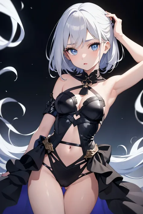 1girl, anime, cute girl, blank background, white background, fantasy, detailed dark fantasy dress with highlights, beautiful face, beautiful eyes, dark colors, silver hair, slightly small breasts, slight cleavage, beautiful skin, cute, breast curtains, ext...