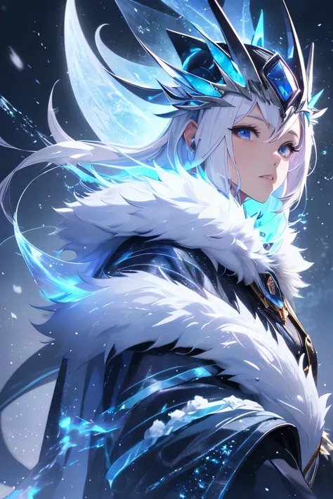 Masterpiece, top quality, 16K UHD,
standing,
Ice citadel, glowing ice crystals, intricate architecture,
surrounded by,
frost mages, blue robes, frozen wands, icy auras,
snow beasts, white fur, glistening fangs, frosty breath,
cool, fantasy anime style, bac...