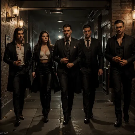 (best quality,4k,8k,highres,masterpiece:1.2),ultra-detailed,(realistic,photorealistic,photo-realistic:1.37),4 men and 1 woman with mafia vibes,dark and mysterious atmosphere,detail-oriented faces and expressions,tailored suits,sleek and shiny black leather...