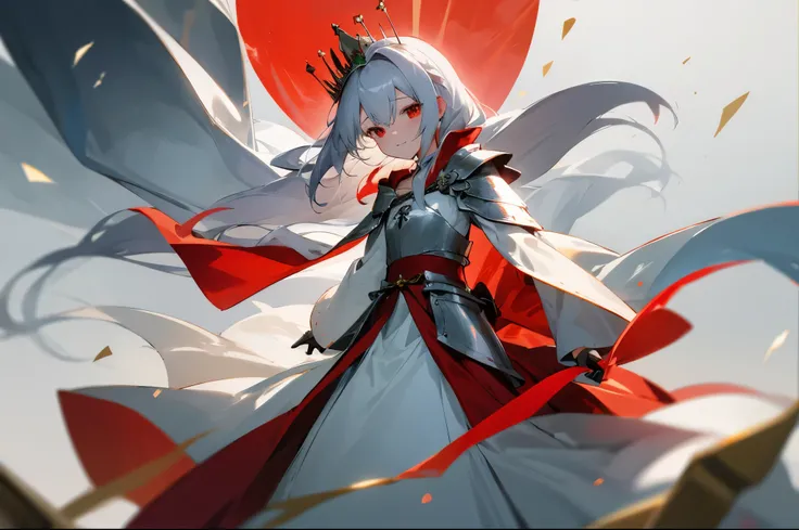 girl，Golden hair，long hair，clavicle hair，red eyes，Silver-white armor，long skirt，knight，poster，of，高质量of，Snow，Silvery crown，crown with emeralds，red cloak，Different world，发光of眼睛，发光of眼睛，发光of眼睛，Shiny hair