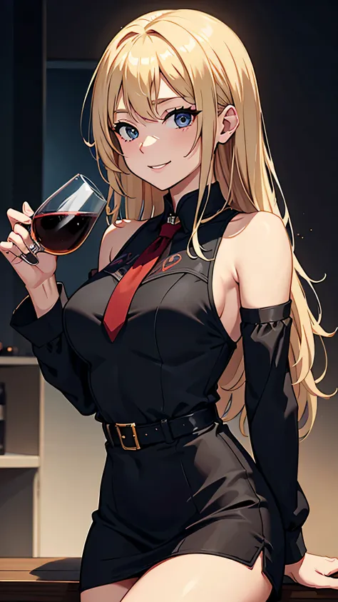 最high quality、best image quality、masterpiece、teenage girl((18-year-old、 By becoming、vest bust、medium bust,wide open breast tea、black eye, blonde、long hair、thin,highest valley、black dress、smile、drinking wine)),high quality、beautiful art、background((nightbar...