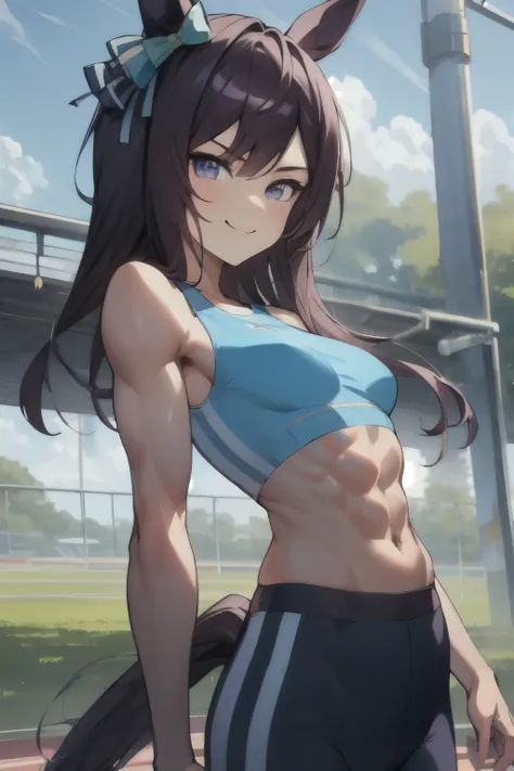 mejiro dober(umamusume), ((ultra-detailed face)), masterpiece, best quality, symmetrical face, beautiful face, slender, sports bra, horse tail, smile, muscle, abs, athletics track