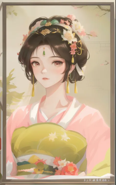 close-up of a woman wearing a pink dress and a green fan, palace ， a girl wearing hanfu, beautiful fantasy queen, ((beautiful fa...