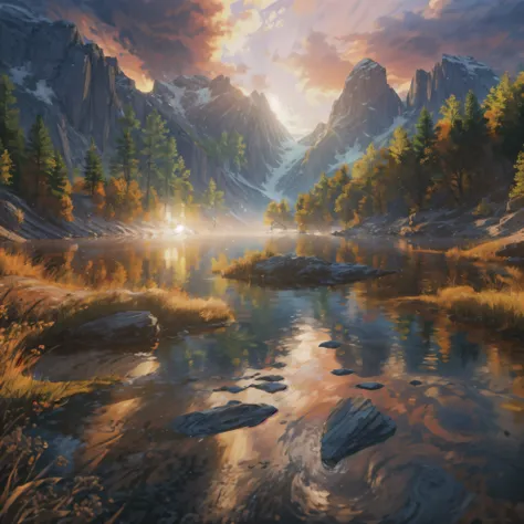 tranquil mountain lake reflects the vibrant colors of sunrise, surrealism, cinema lighting, glowing light, reflected light, divi...