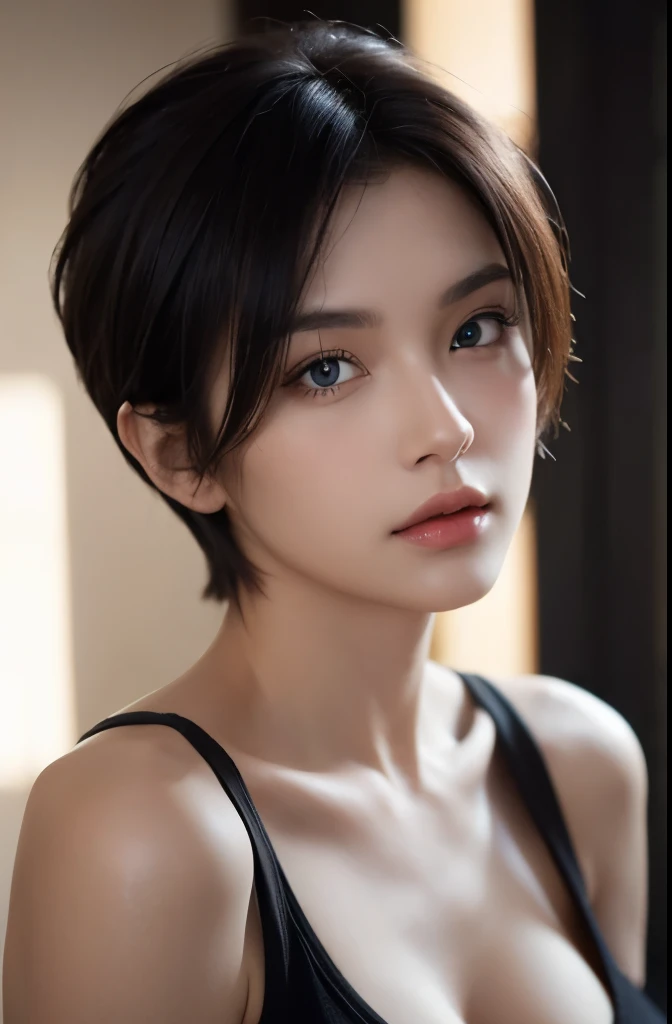 Skin Tight Black Top:1.2, Looking at Viewer, Cinematic lighting, Perfect, softlight, High resolution skin:1.2, Realistic skin texture, Realistic face, off shoulders, Exposed cleavage, Blue eyes, Short hair,