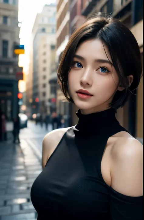 Skin Tight Black Top:1.2、look at viewer、cinematic lighting、perfect、soft light、high resolution skin:1.2、realistic skin texture、realistic face、off shoulder、exposed cleavage、blue eyes、short hair、