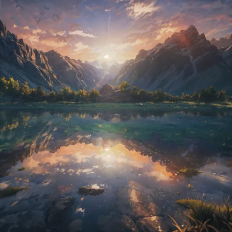 tranquil mountain lake reflects the vibrant colors of sunrise, surrealism, cinema lighting, glowing light, reflected light, divi...