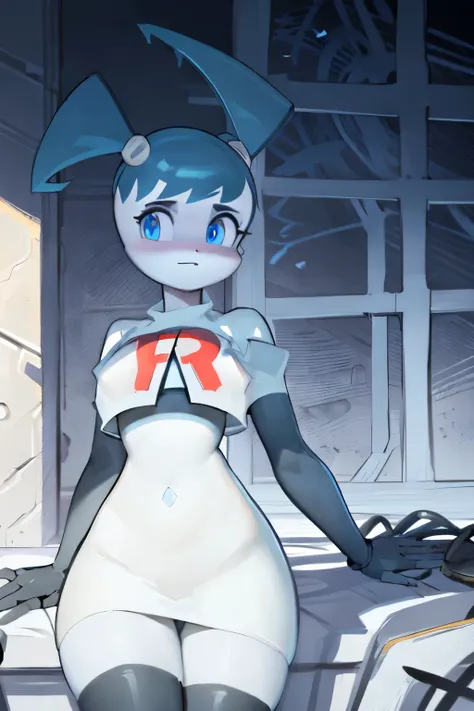 a beautiful and detailed portrait of jenny wakeman,blue eyes,((white skin:1.2)), medium breasts, team rocket,team rocket uniform,white skirt,red letter R,crop top,black thigh-highs,black elbow gloves,