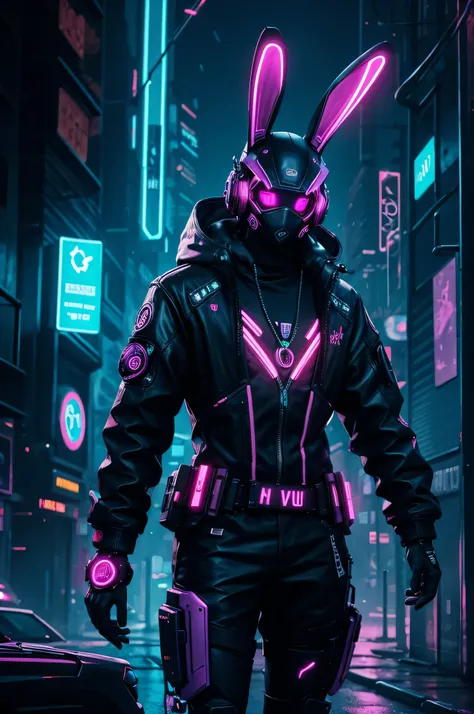 cyberpunk bunny in a dark neon future city. high details, hackers delight, 4k