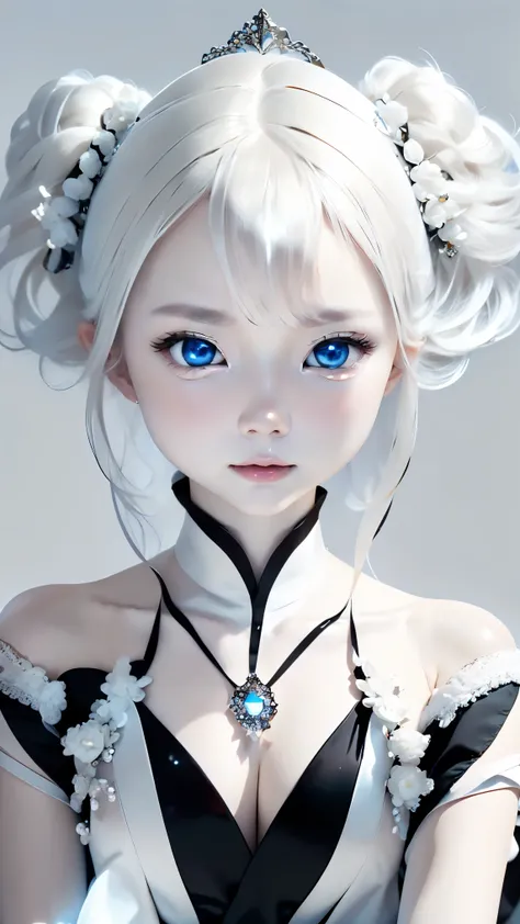 one girl、anatomy、angle above the knees、albino:1.3、unparalleled beauty、16 only、silky white hair、Crystal clear blue eyes、plump lips、Black Long Dress、black choker、Sapphire pendant、Standing、beautiful skin、dense skin、small breasts、are small、(((white background、...