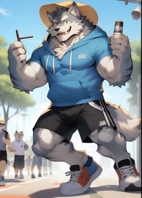 hairy，（（Wolf，hoodie，shorts，Board shoes）），white fur，male，Common，full body picture（（极其lifelike阴影，masterpiece，Very detailed，lifelike））， （（Cat）），dynamic poses，Tanonaka，wearing a straw hat，Smile（（极其lifelike背景，masterpiece，Very detailed，lifelike））
