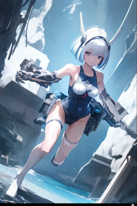 (highest quality)), ((masterpiece)), (very detailed: 1.3), 3D,  (wear dark blue Old School Swimsuit under armor:1.3), 1 girl, unarmored waist, wears a futuristic white Gundam mecha,(Gundam), with headgear, with v-fin , armored shoulders,armored under arms,...